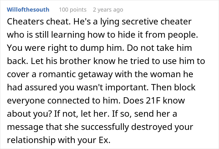 Comment discussing a lying boyfriend who went on a trip with a female friend, revealing his secret cheating behavior.