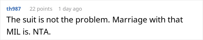 Comment text on a digital screen discussing a groom refusing marriage due to mother dictating wedding attire.