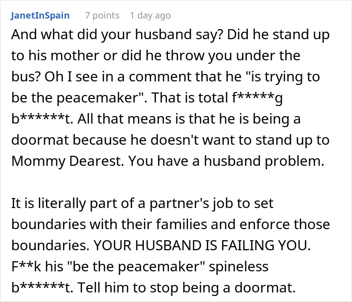 Forum comment screenshot referencing mom takes her baby storming off after MIL tried to take over feeding