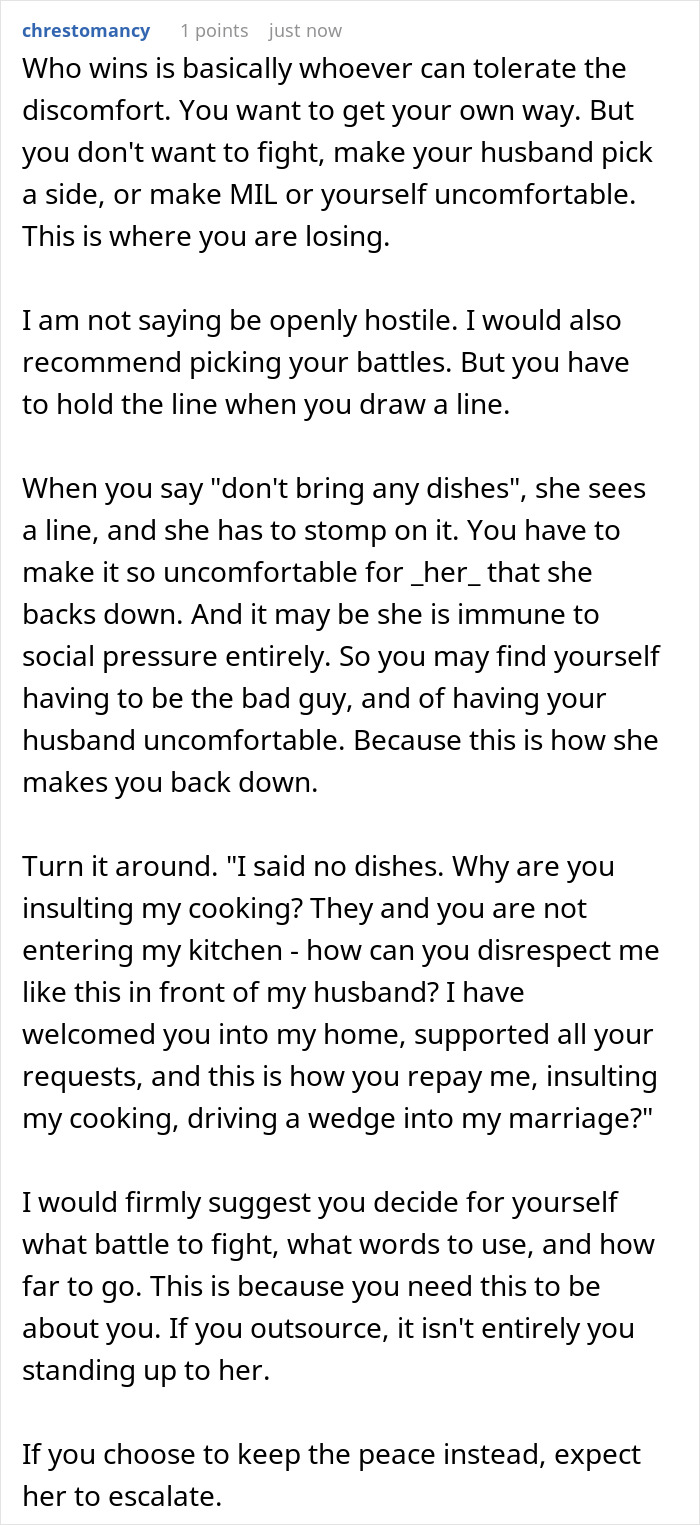 Text with advice on setting boundaries against a manipulative MIL using fake kindness to control holiday traditions.