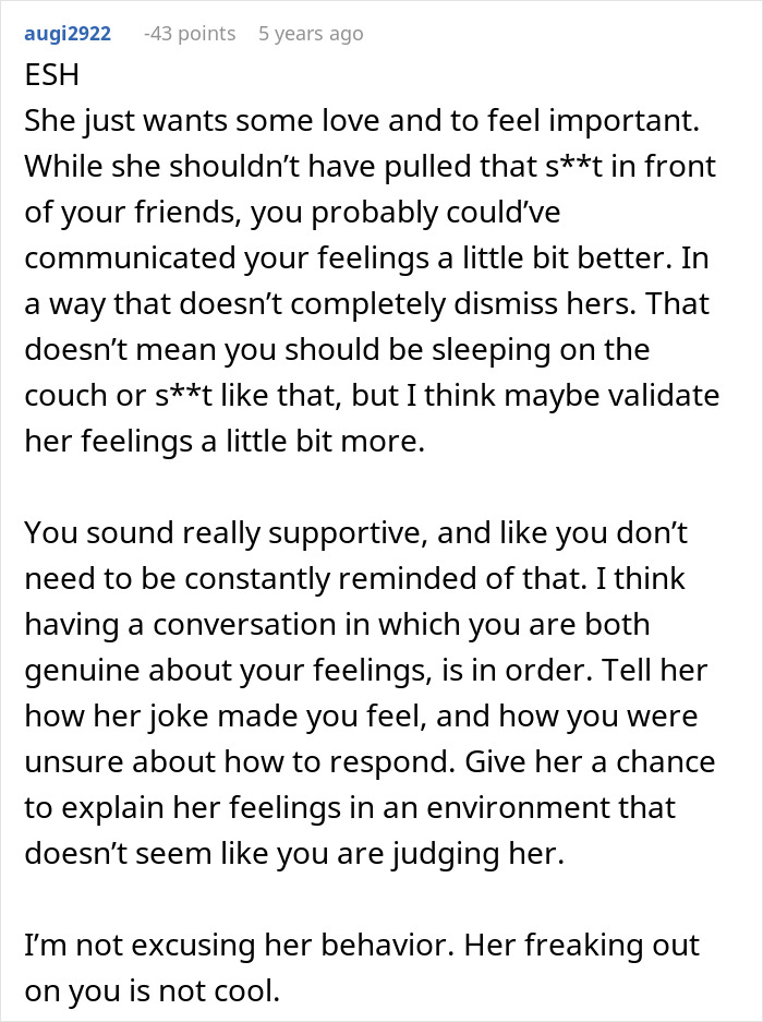 Reddit comment screenshot giving advice after guy embarrasses wife, discussing feelings and communication.