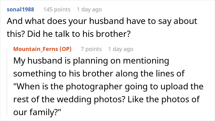 Reddit conversation about bride entering new family with drama after excluding sister-in-law from wedding photos.