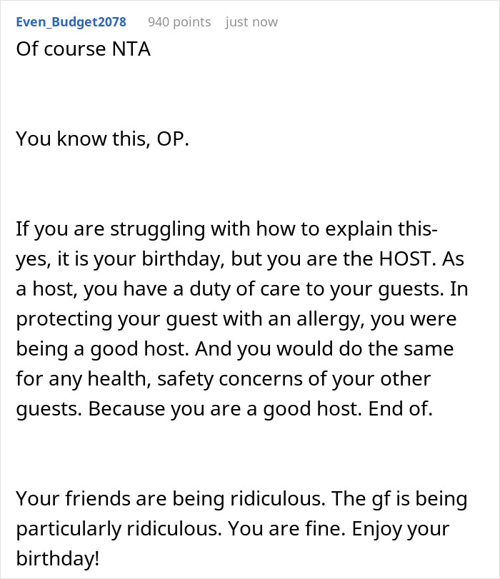 Comment explaining the importance of respecting food allergy restrictions set by party hosts to ensure guest safety.