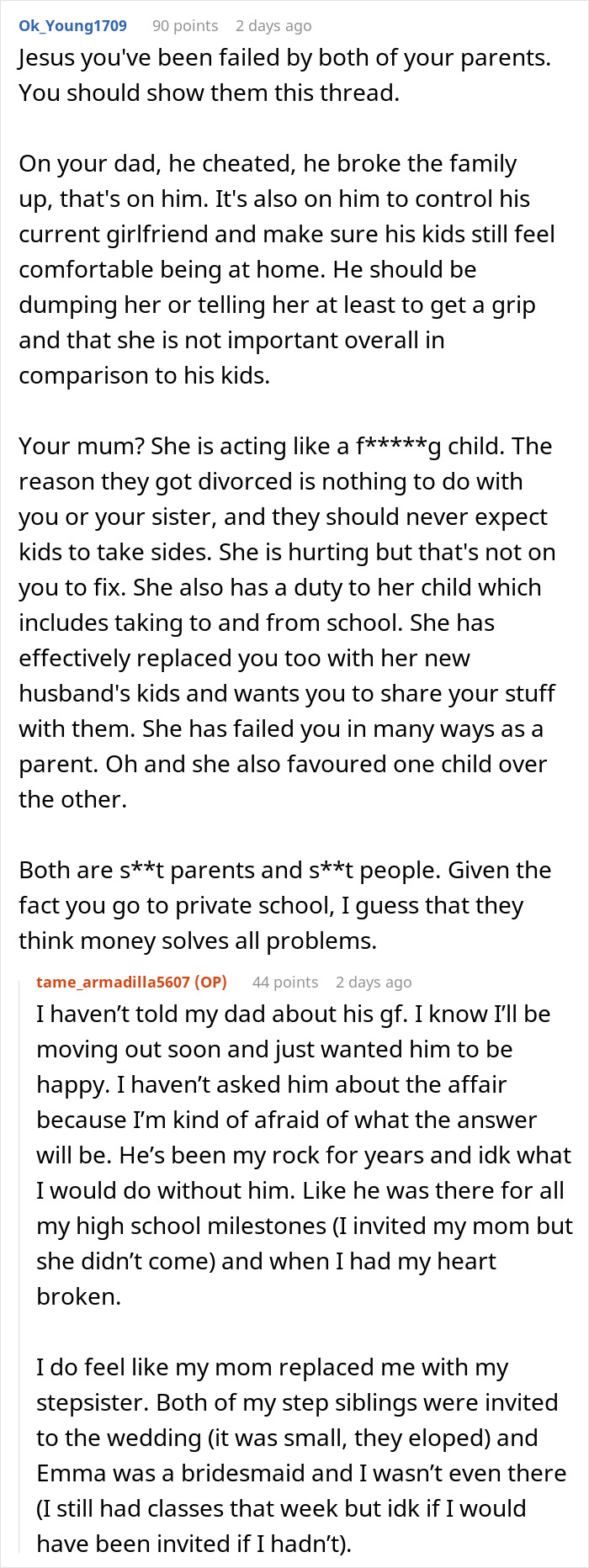 Screenshot of an online discussion about a mom blaming her daughter for picking dad in the divorce and family conflicts.