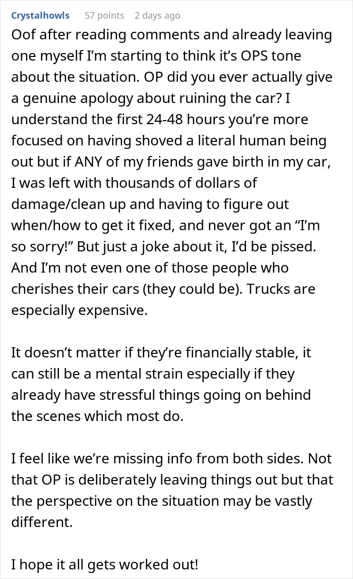 Comment discussing mental strain and financial concerns after a woman gives birth in friends' car and is ignored.