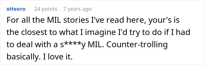 Screenshot of a Reddit comment discussing a MIL and DIL conflict, mentioning counter-trolling and MIL&rsquo;s furniture rearrangement.