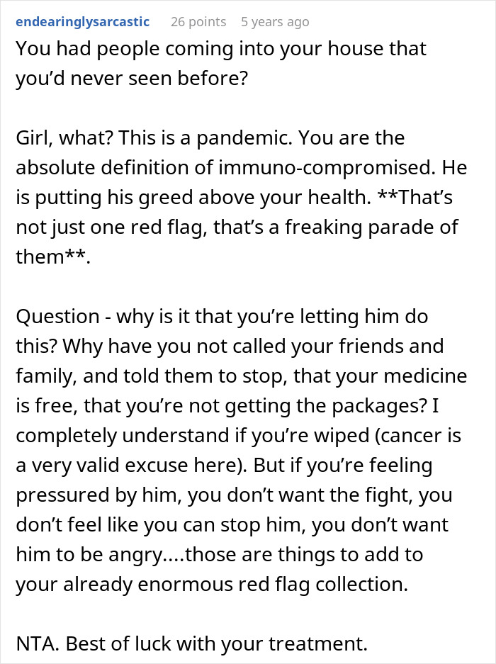 Reddit screenshot criticizing husband cancer diagnosis excuse, warns about red flags and immunocompromised pandemic risk.