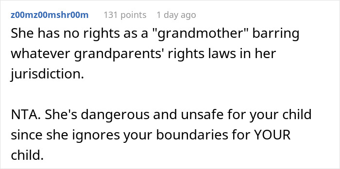 Reddit screenshot: comment says grandmother has no rights, NTA - mom takes her baby and storms off after MIL tried feeding