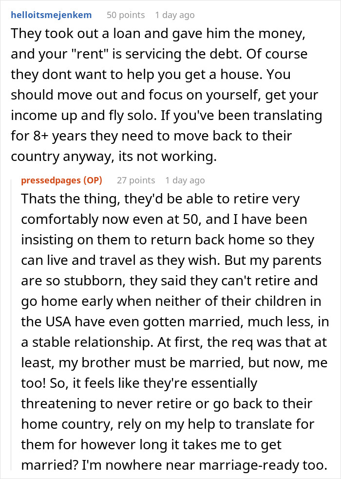 Reddit comments about parents house payment, loan and retirement, advising move out and independence.