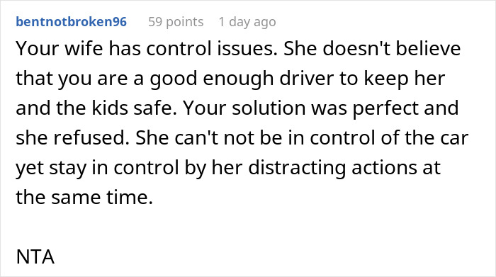 Reddit comment discussing husband banning wife from front seat after anxiety meltdown putting them at risk.