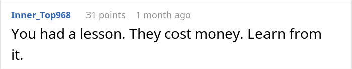 Screenshot of a Reddit comment discussing spending money on lessons with a direct and concise message.