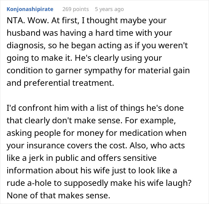 Screenshot of Reddit comment accusing husband using cancer diagnosis excuses to gain sympathy and money.