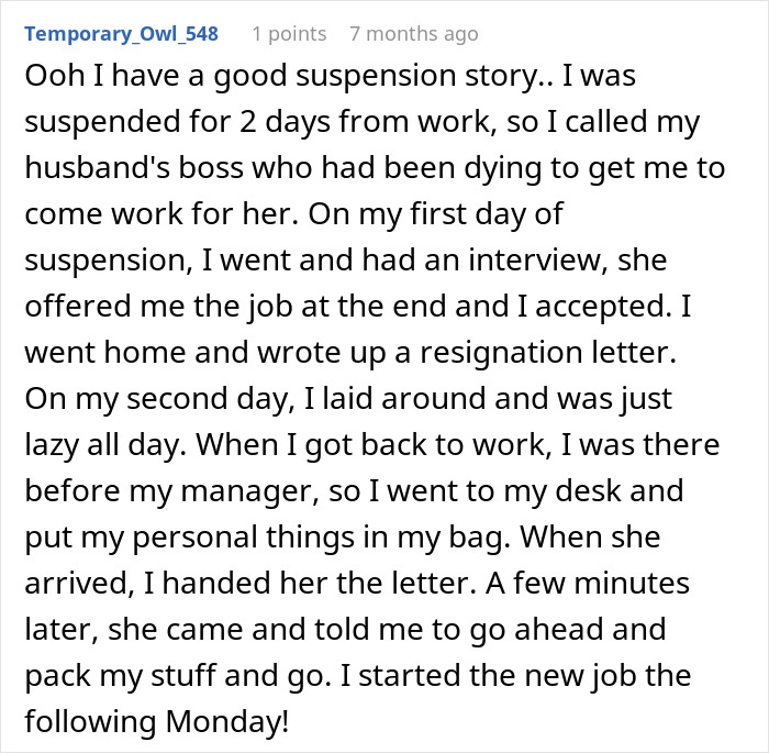 Screenshot of a Reddit comment sharing a story about a boss suspending a waiter to teach a lesson then asking him to return.