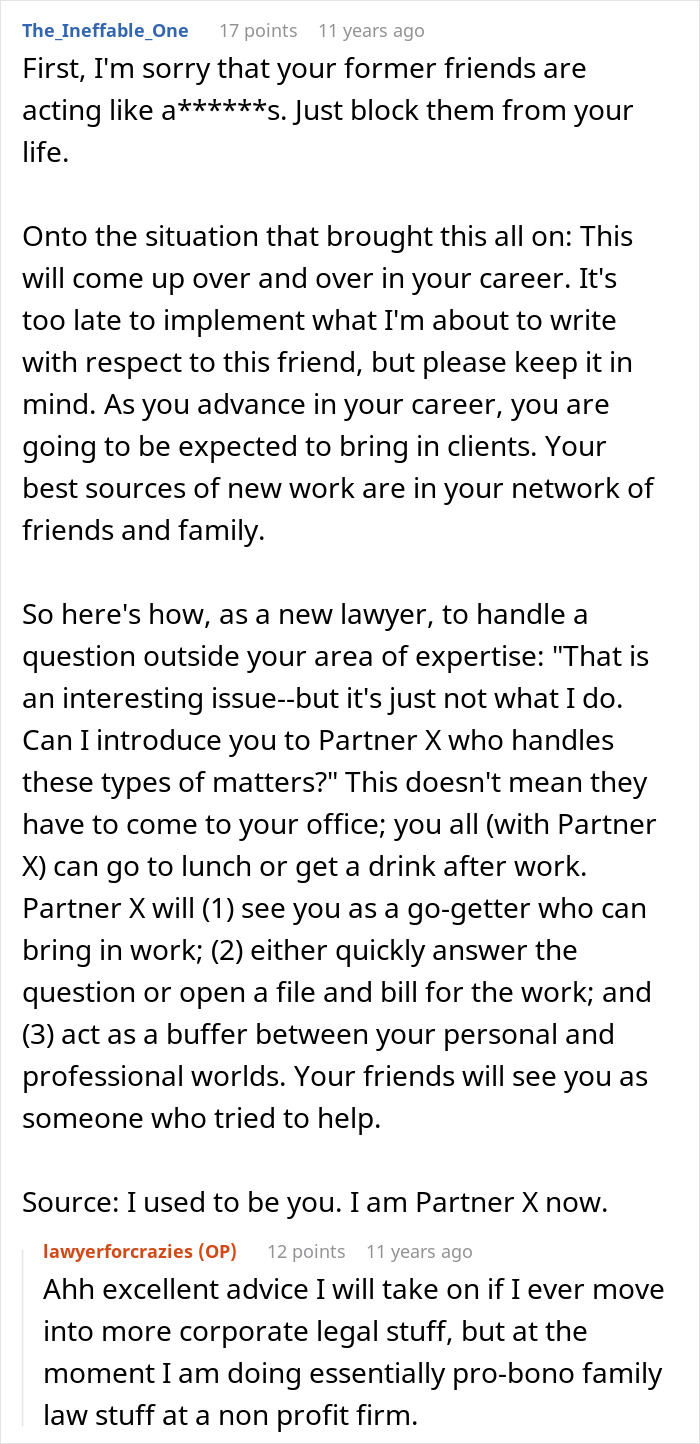 Text conversation about a woman protecting her new career and seeing true colors of friends needing free advice.