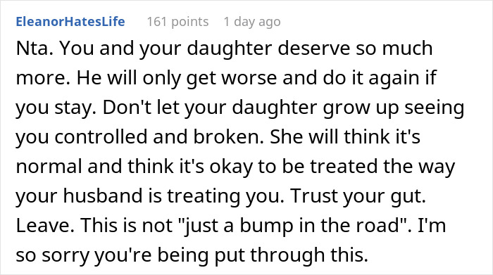 Comment warning about wife breaking back acting like housemaid under husband's demands, urging to leave a*****e situation.