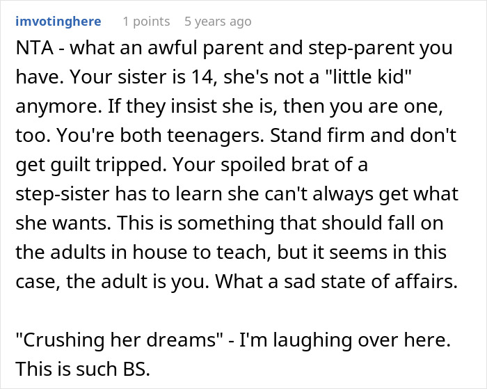 Reddit comment discussing a teen accused of crushing half-sister&rsquo;s dreams by refusing her Christmas wish.
