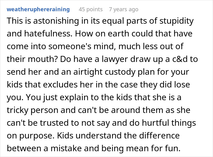 Reddit comment discussing legal steps and how a mil tells kids parents passed away with custody and trust concerns.