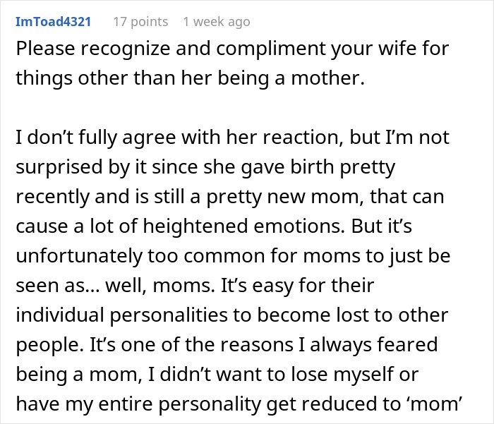 Reddit user comments on husband's note to wife, discussing emotional reactions and recognition beyond motherhood roles.