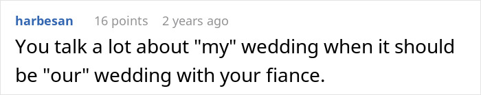 Text comment about a mother-in-law trying to hijack the bride&rsquo;s wedding plans with a sharp reality check.
