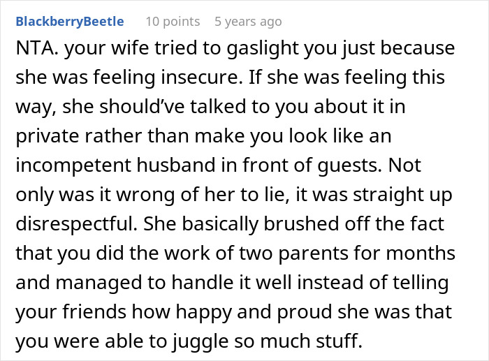 Reddit screenshot of a comment about gaslighting and relationship conflict, Guy Embarrasses Wife