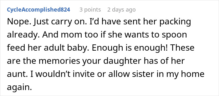 Comment text discussing a woman stealing her 5-year-old niece&rsquo;s skirt and lying when caught red-handed.