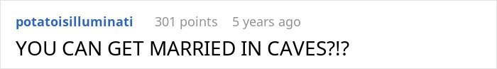 Screenshot of an online comment expressing surprise about the option to get married in caves.