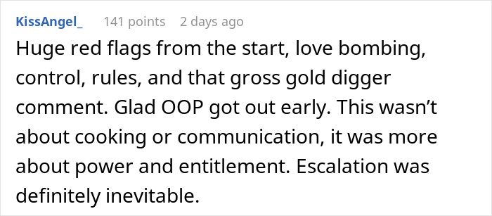Comment discussing red flags, control issues, and concerns about gold diggers and entitlement in relationships.