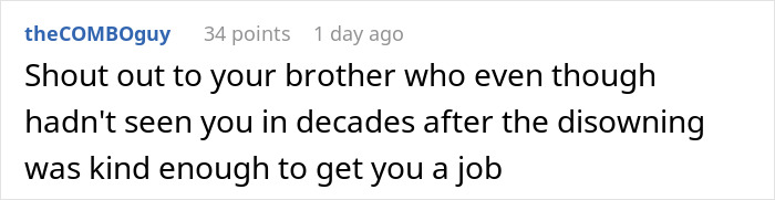 Screenshot of an online comment about being disowned for marrying a mechanic and struggling to survive at age 55.