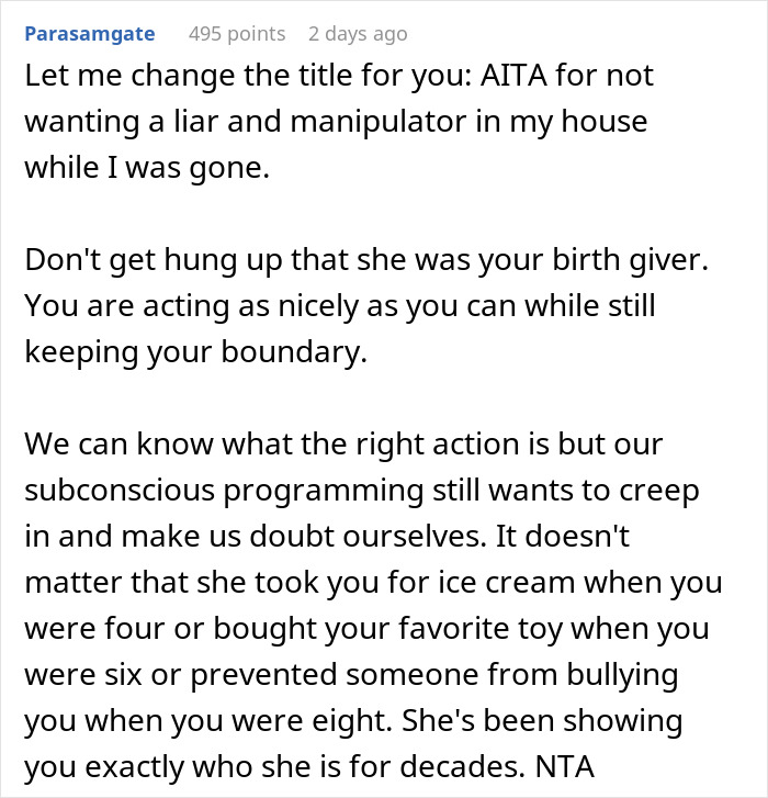 Comment discussing setting boundaries with a mother involving airport trip drama and family manipulation advice. Comment discussing setting boundaries with a mother involving airport trip drama and family manipulation advice.