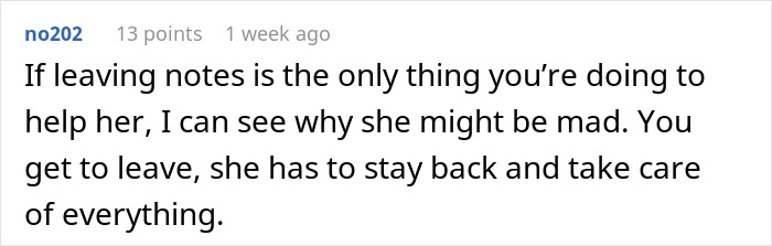 Comment discussing a husband's note to wife, highlighting why she might be mad and how the note divides opinions online.