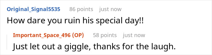 Comment thread screenshot showing a user upset about a ruined special day and a funny reply about giggling, related to a bridezilla proposal. Comment thread screenshot showing a user upset about a ruined special day and a funny reply about giggling, related to a bridezilla proposal.