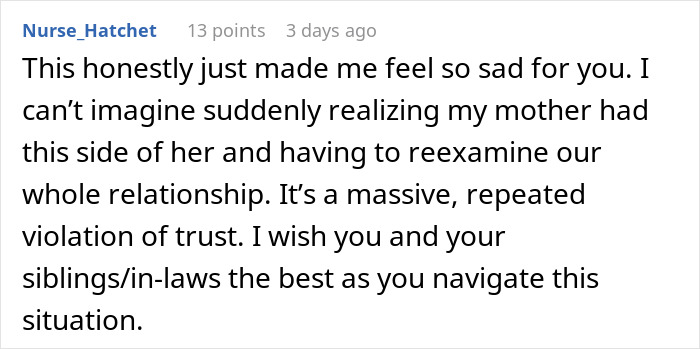 Comment expressing sadness over a mother secretly going through son's girlfriend’s wallet and breaching trust.