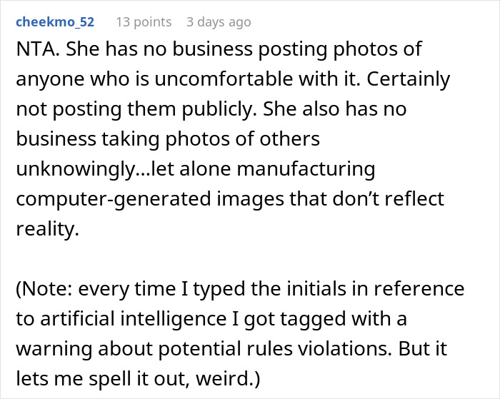 Comment discussing concerns about woman uncomfortable with AI images and unauthorized photo use online.