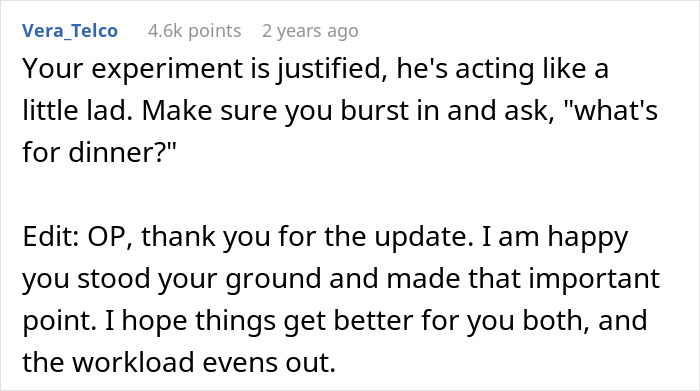 Reddit comment praising wife&rsquo;s decision to live life like her husband, mentioning his frustrated reaction and workload balance.