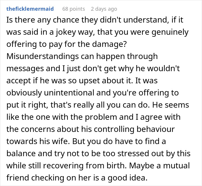 Comment discussing misunderstandings and controlling behavior after woman gives birth in friends' car, feeling ignored and stressed.