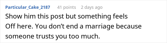 Text post showing a comment about a woman venting about husband leaving her despite trust and lack of jealousy.