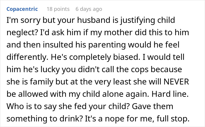 Text showing a heated online comment about child neglect and banning a mother-in-law from visiting due to diaper negligence.