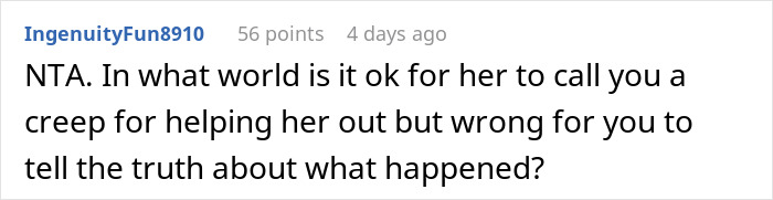 Comment from user IngenuityFun8910 discussing being called a creep and workplace conflict involving HR reporting.