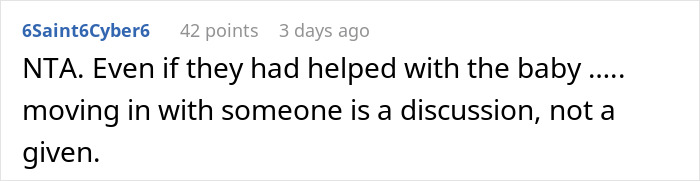 Reddit comment about in-laws refusing childcare help and refusing to move in without discussion shown on white background.