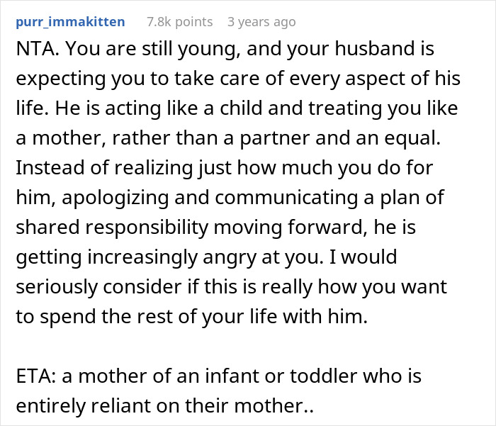 Alt text: Reddit comment discussing working wife facing challenges with man-child hubby and dropping the supermom act. - 13