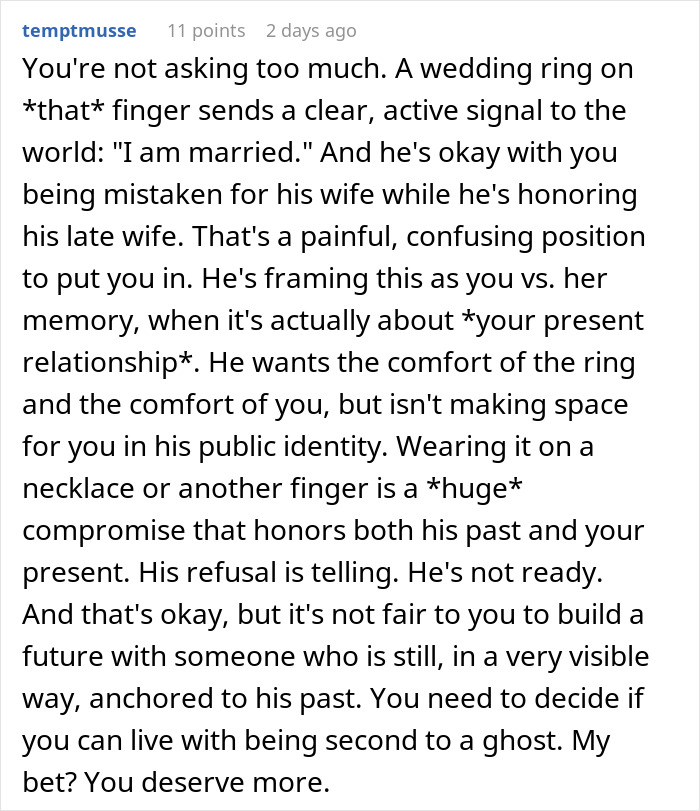 Widower boyfriend refuses to remove wedding ring, causing emotional conflict and challenging their relationship's future.