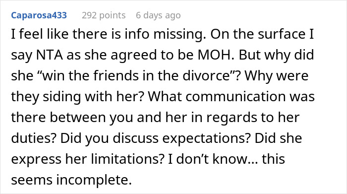 Text conversation discussing groom slamming maid of honor for low effort and MOH clapping back by dumping bride.