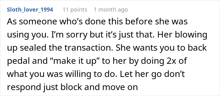 Screenshot of an online comment discussing a lady sending lovey-dovey texts and ditching a guy over paying thousands on dates.