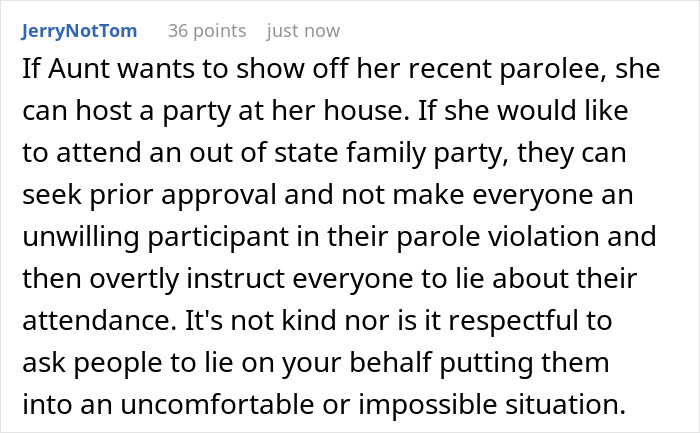 Text post discussing aunt hosting a family party to show off recent parolee and seeking parole approval. Text post discussing aunt hosting a family party to show off recent parolee and seeking parole approval.