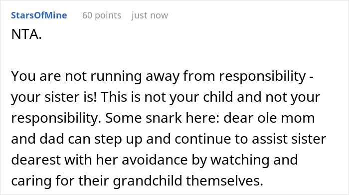 Screenshot of a forum comment discussing a child-loathing lady fleeing her home to avoid being forced into free nanny duties.