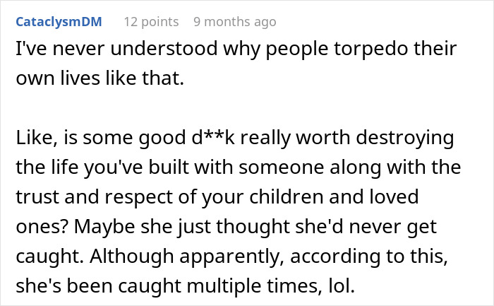 Screenshot of a Reddit comment discussing conflict and emotional turmoil involving a man torn between his husband and mother-in-law.
