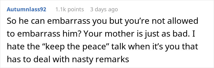 Comment discussing family tension where a bald and divorced man shames nephew for long hair and cooking for girlfriend.