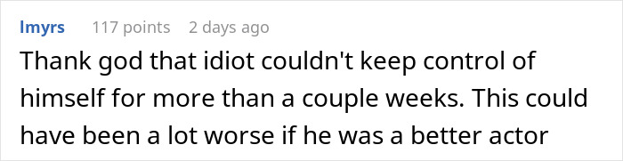 Comment expressing relief that a person lost control quickly, reflecting boyfriend fears golddiggers and relationship trust.