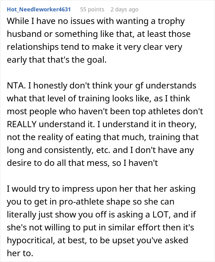 Text conversation discussing a woman demanding her swimmer boyfriend look like her friend&rsquo;s partner and his response.