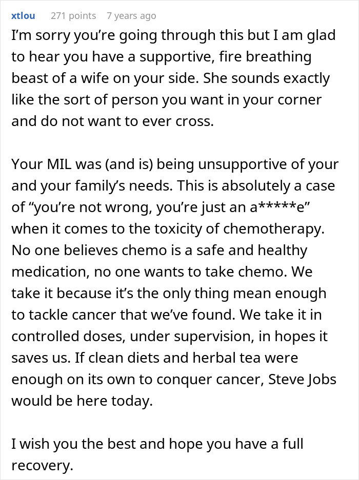 Comment discussing a man suffering from cancer and the challenges with his mother-in-law during chemotherapy treatment.